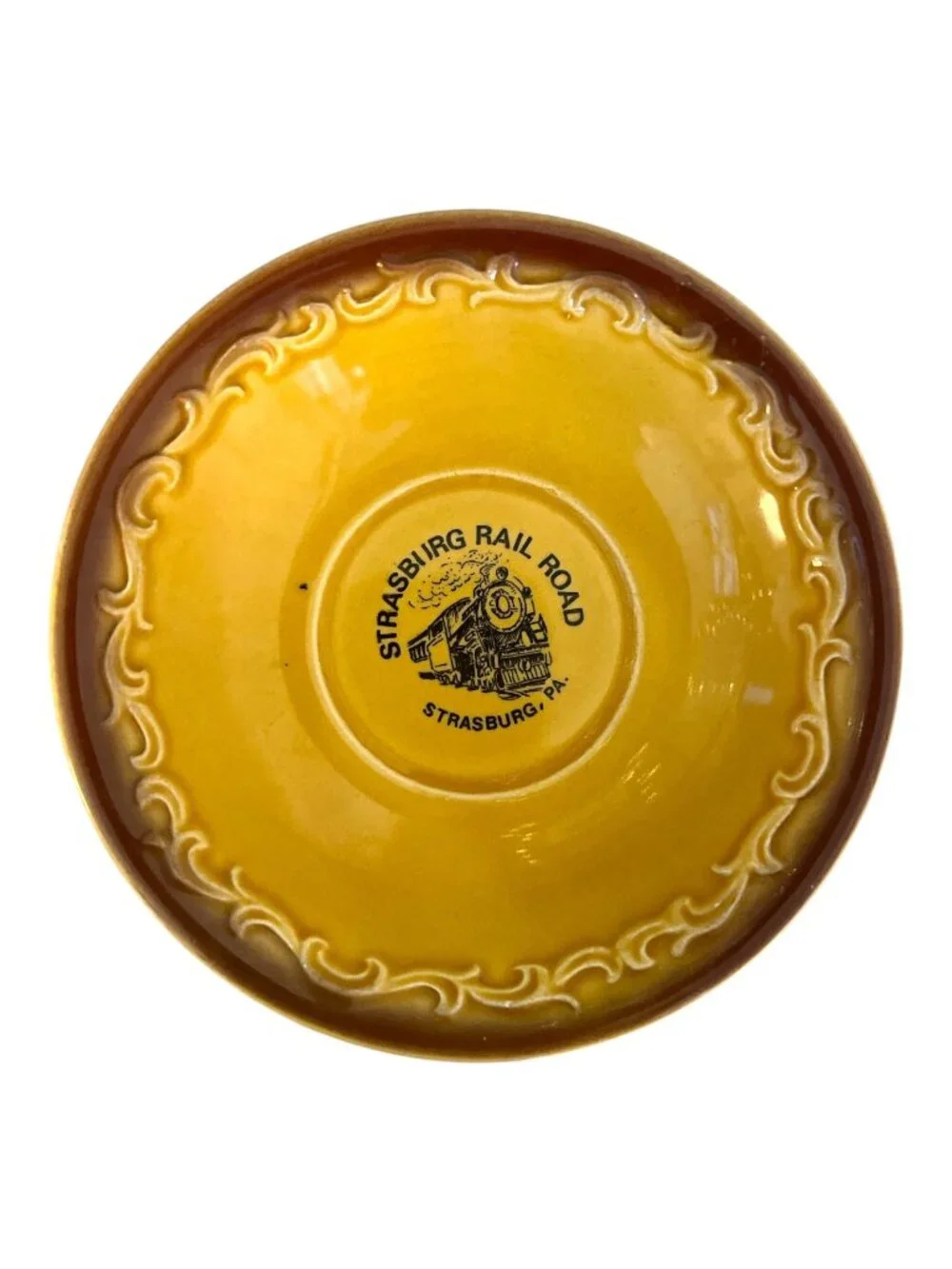 Vintage Strasburg Rail Road Yellow Ceramic Souvenir Trinket Dish Train Pennsylva